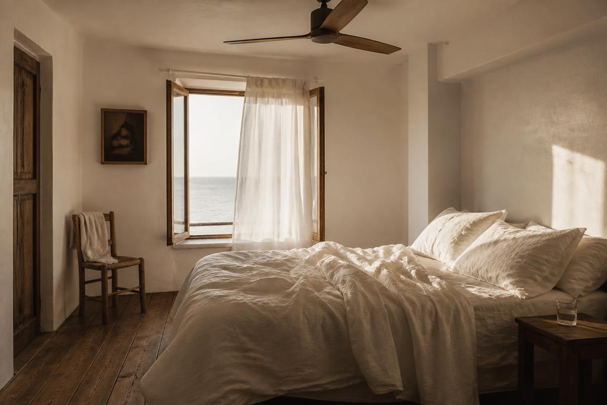 Sunlit coastal bedroom with crisp linen sheets and an open window