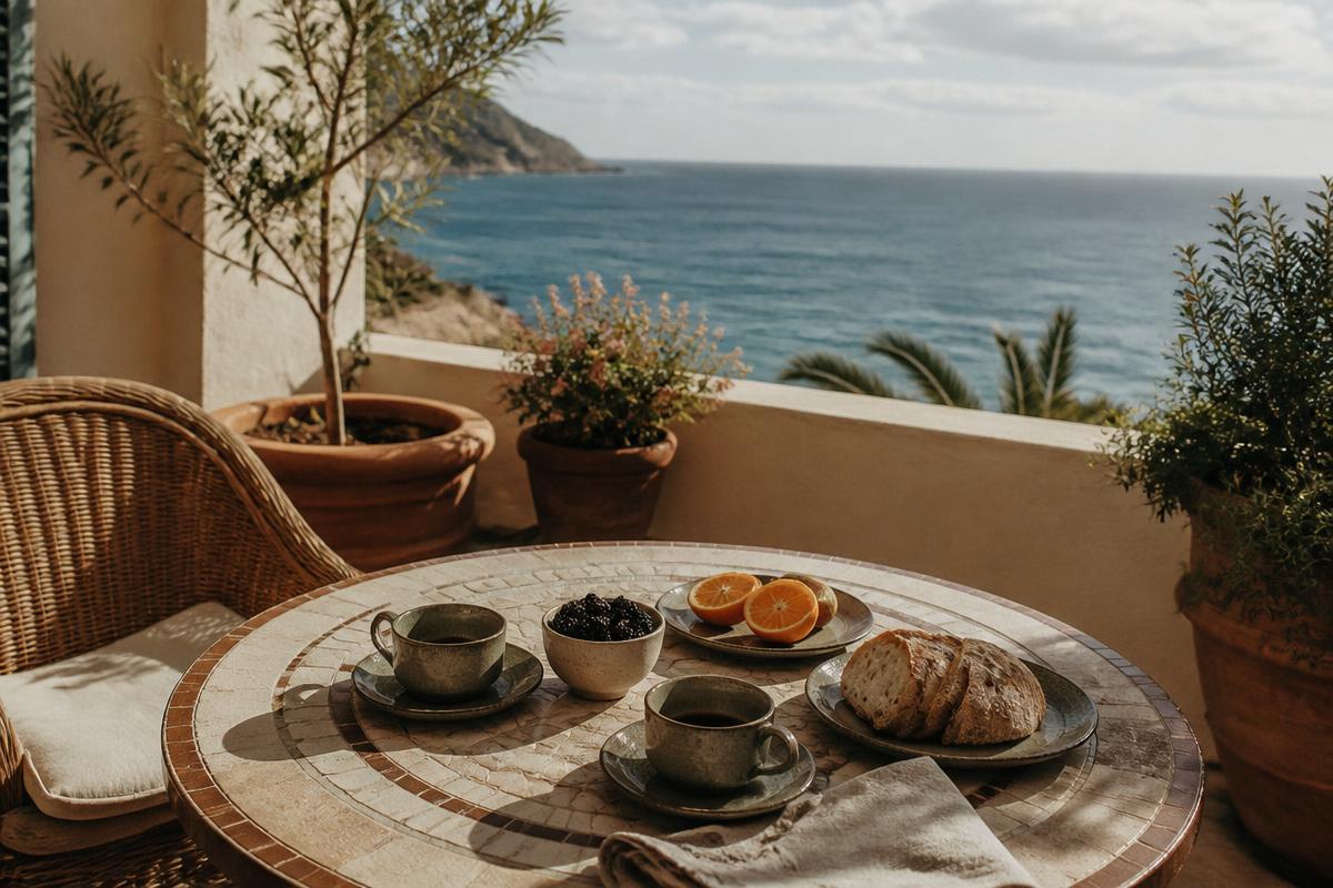 Breakfast on a tiled terrace table overlooking the sea